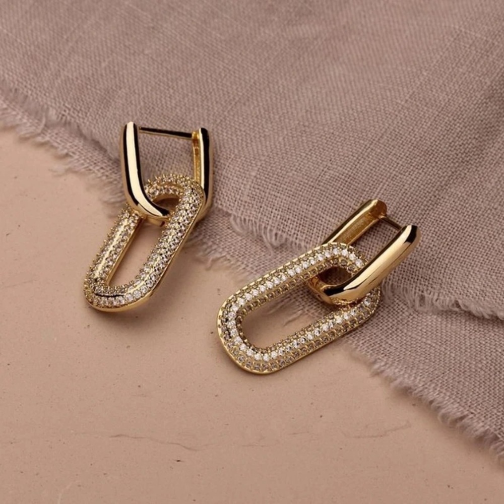 Anthro Gold Mini Double Oval Crystal Dangle U-Shape O-Shape Crystal Oblong Hoops